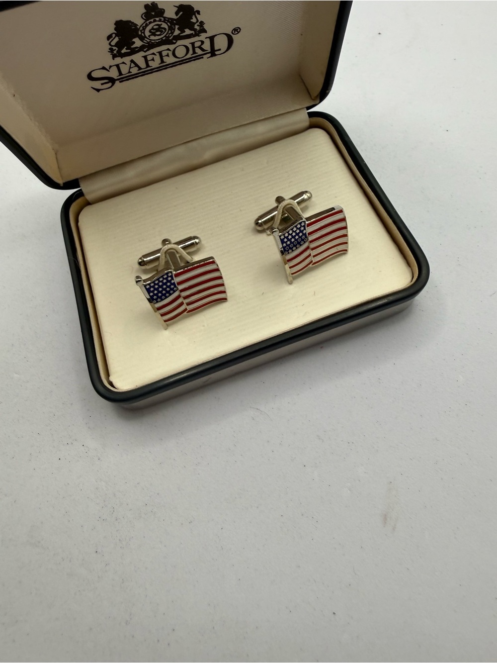 Stafford American Flag Enamel Cufflinks in Silver Tone with Red & Blue